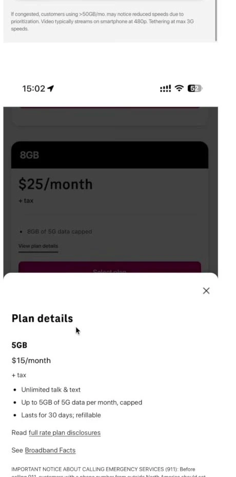 每月 15 美元 5 GB 套餐详情