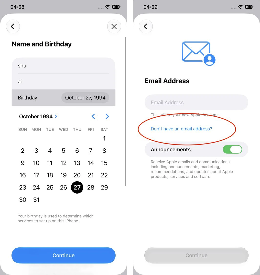 填名字和生日,然后点 Don't have an email address